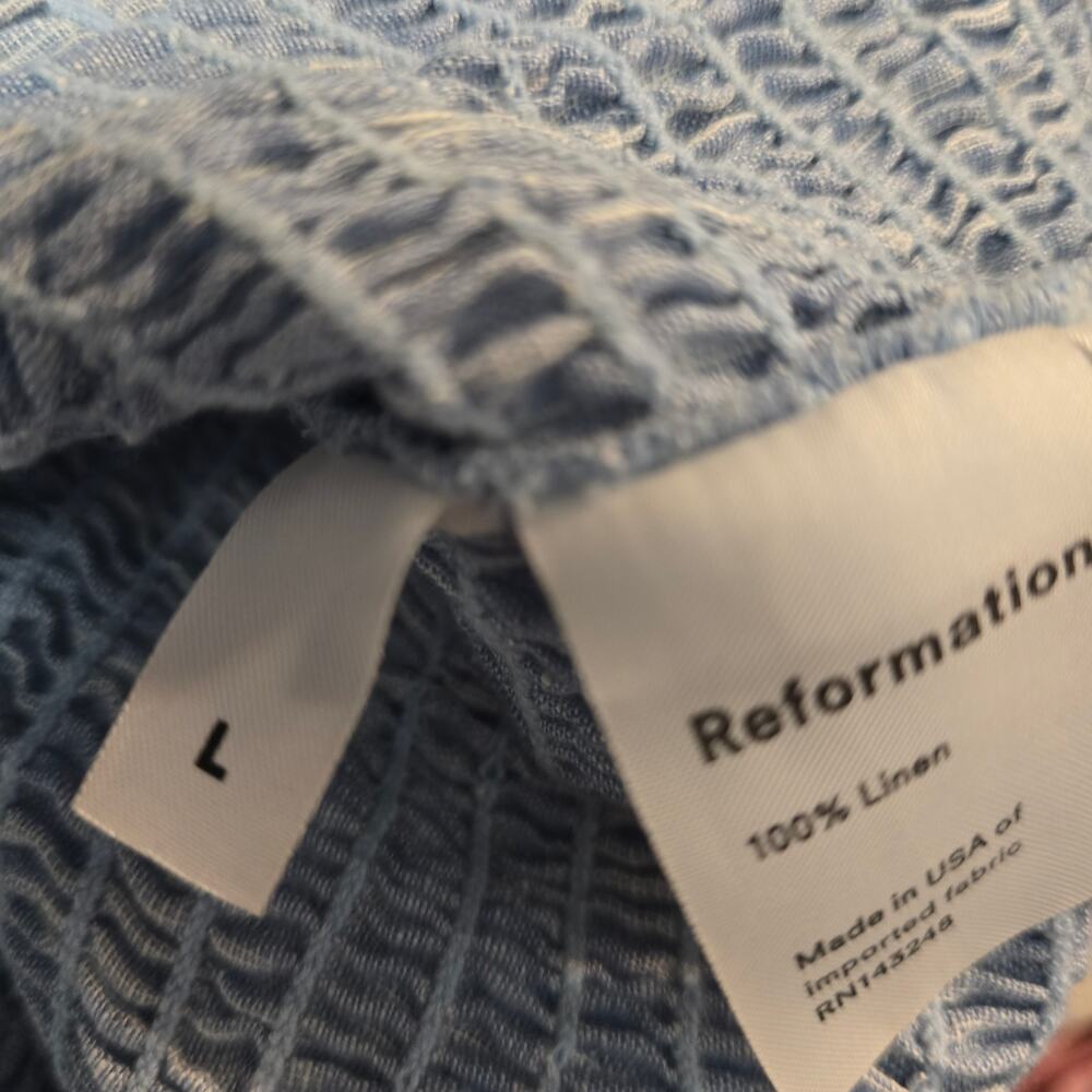 Reformation Maple Linen Blue Smocked Peasant Puff Sleeve Crop Blouse Size Large - Picture 7 of 8